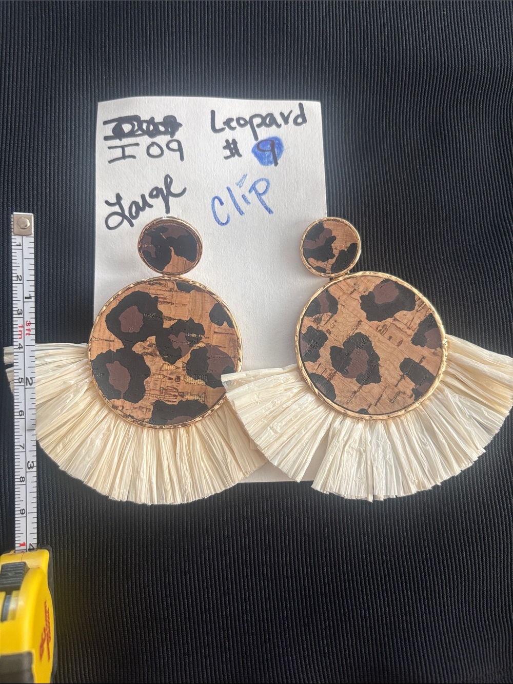 Leopard Cork Raffia Fan Clip-On Earrings - Brown & Cream